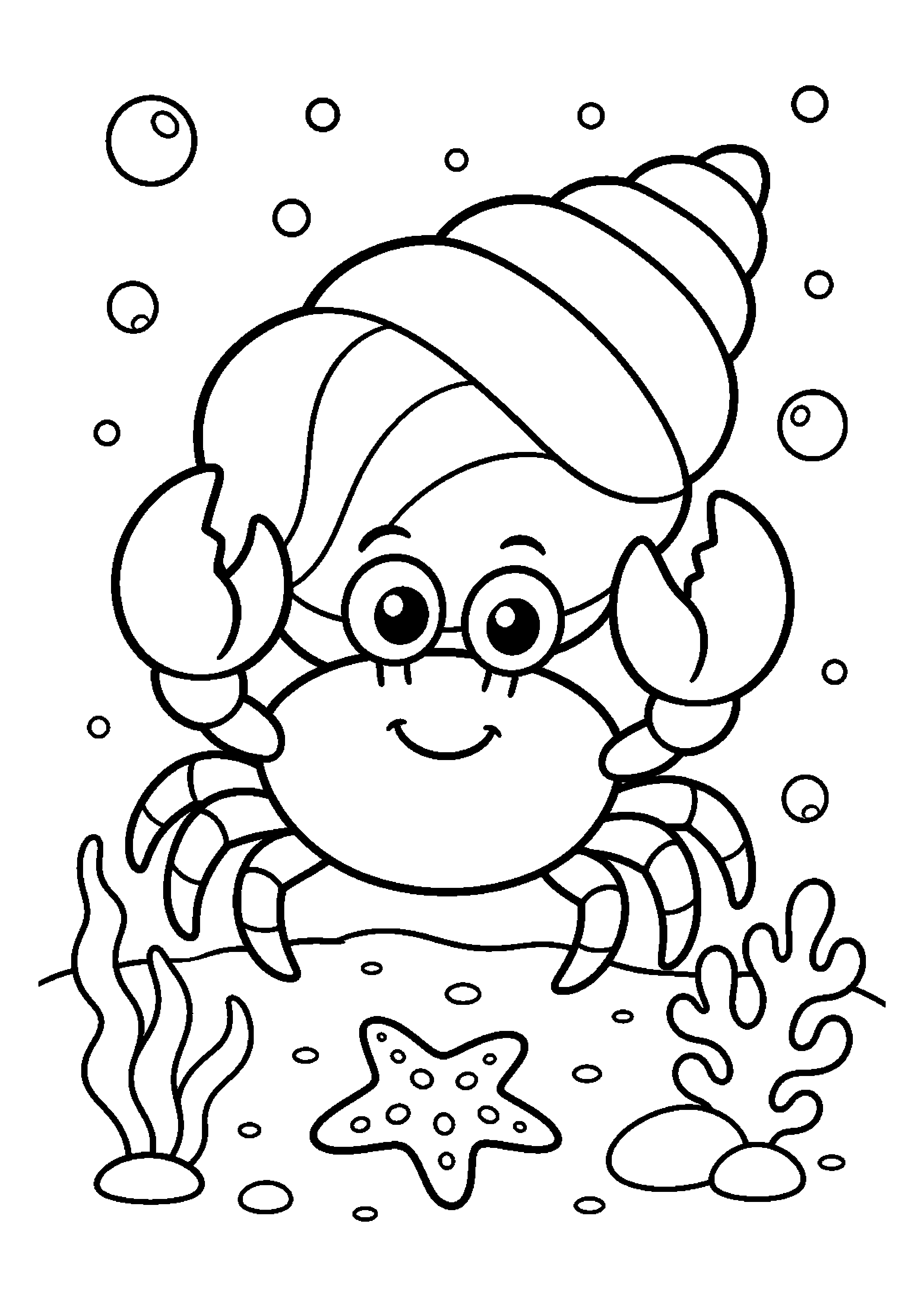 Krab niesie muszelkę na dnie oceanu wśród drobnych bąbelków