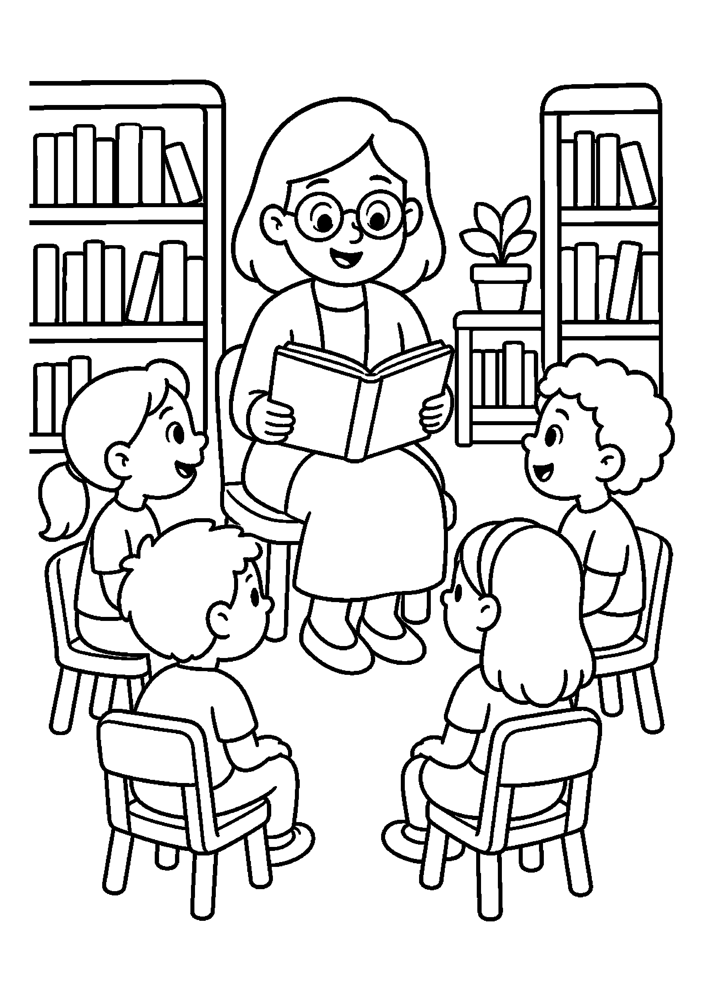 Bibliotekarz prowadzi spotkanie czytelnicze w bibliotece dziecięcej