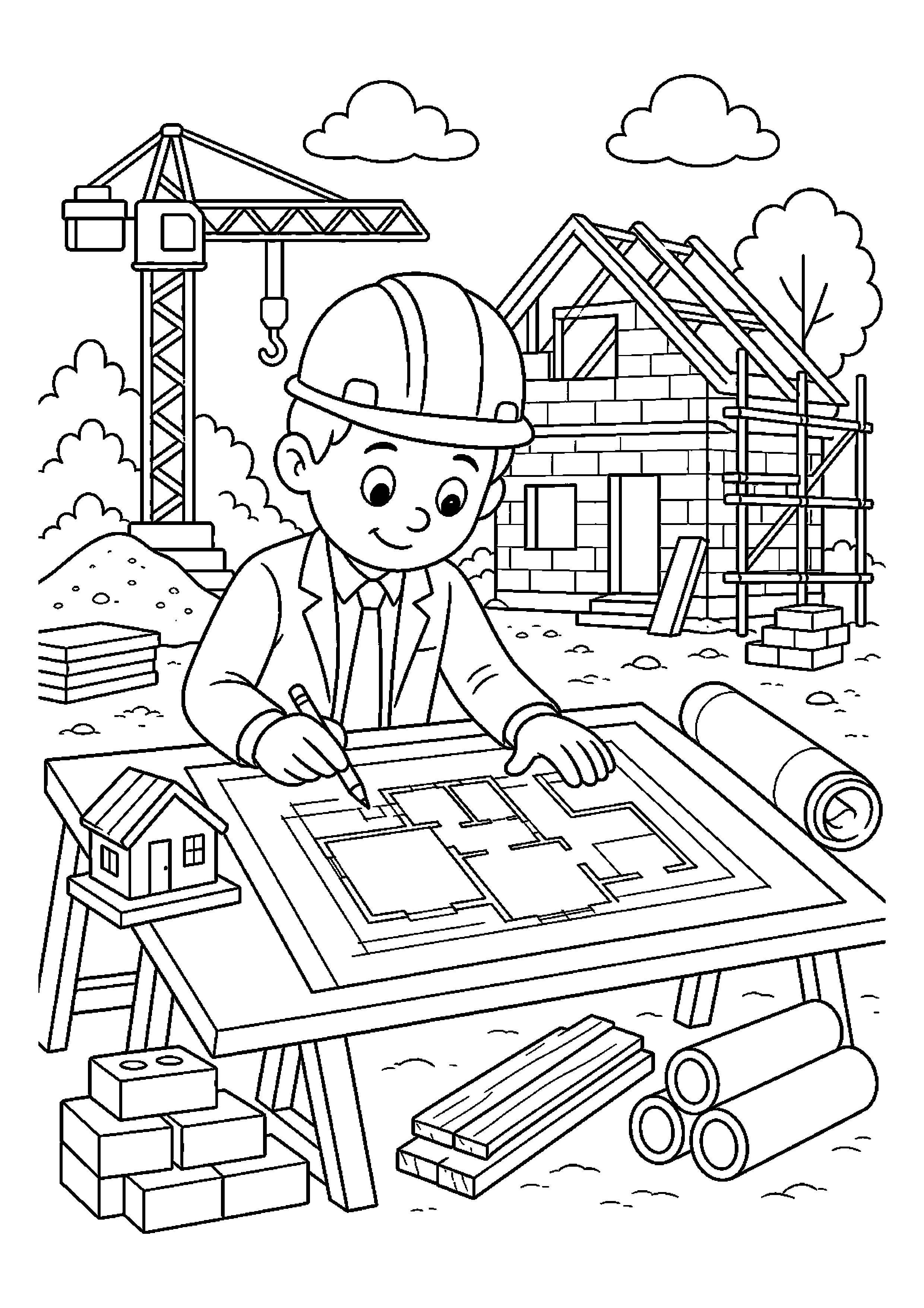 Architekt rysuje plan domu na placu budowy