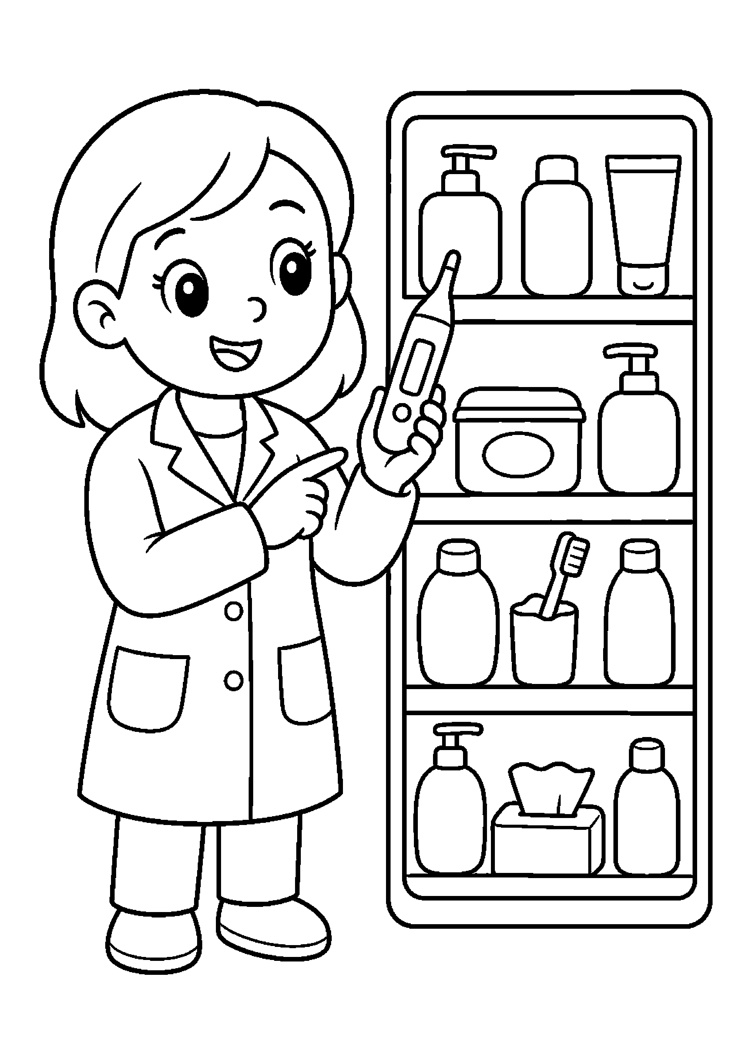 Farmaceuta wyjaśnia działanie termometru obok regału z artykułami higienicznymi