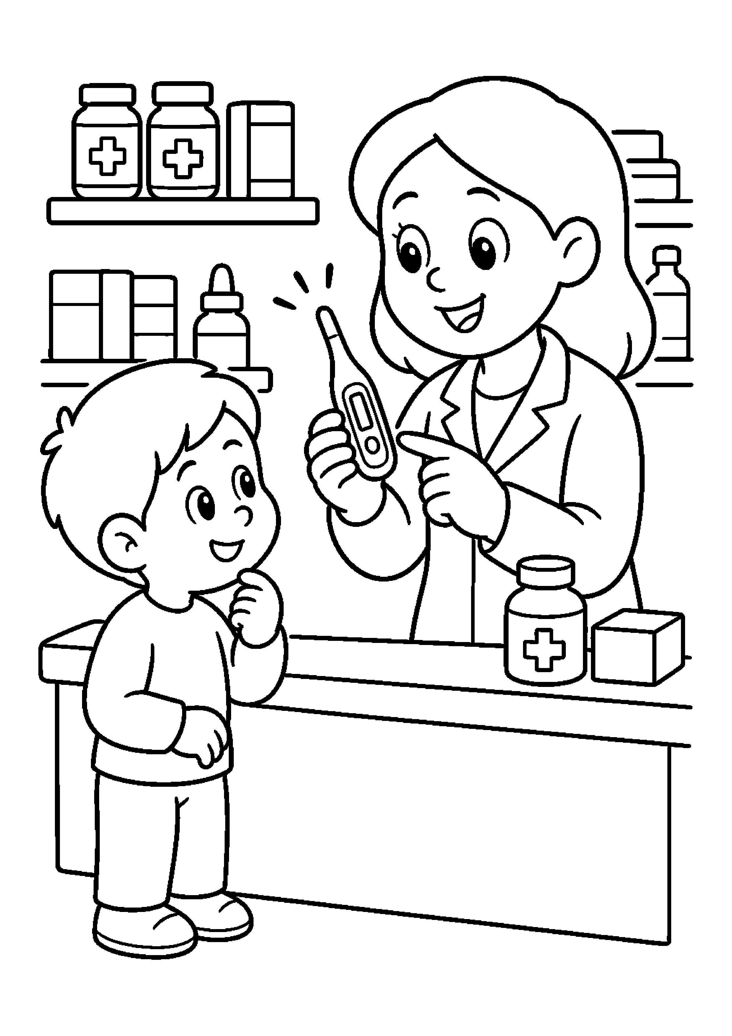 Farmaceuta wyjaśnia działanie termometru w aptece